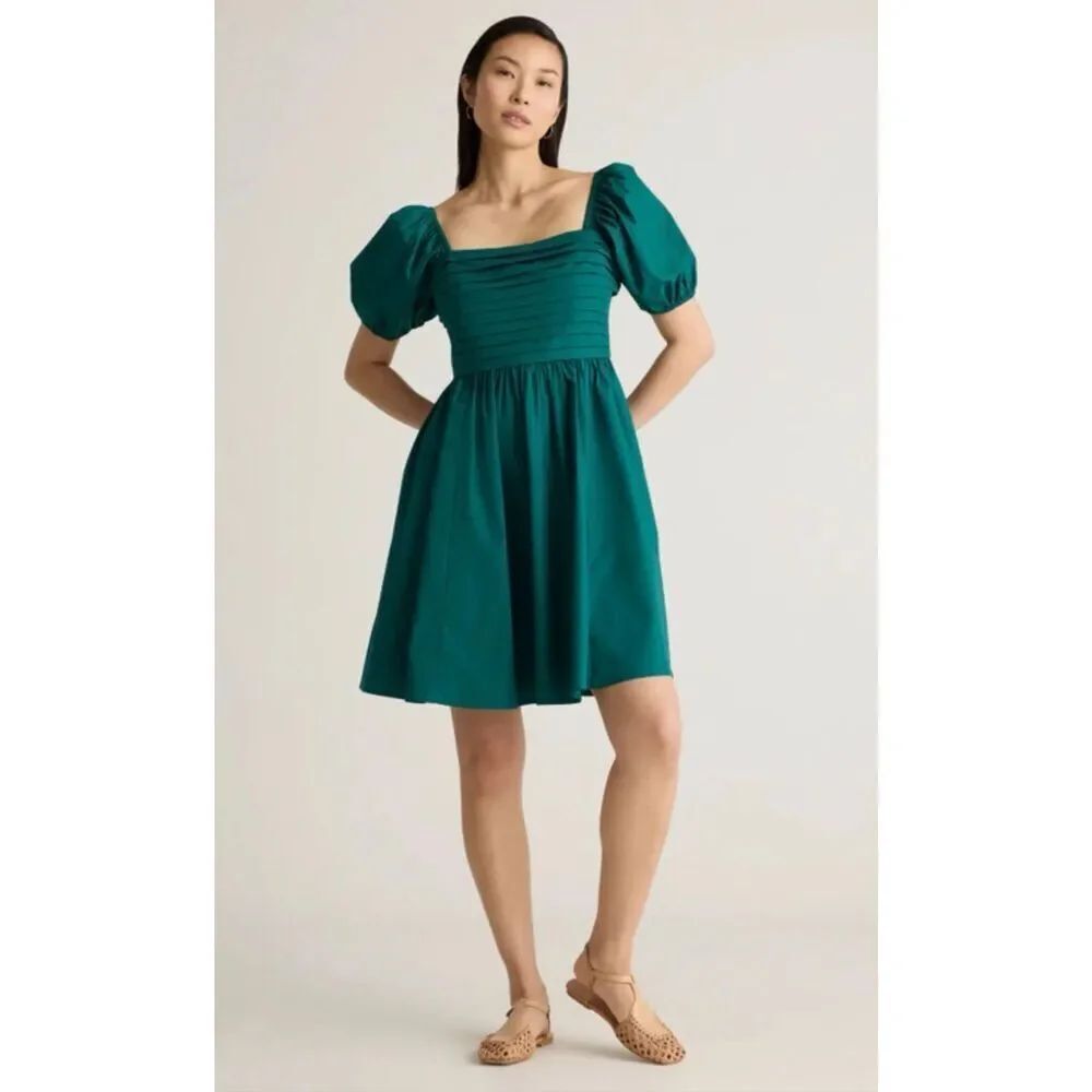 Quince 100% Organic Cotton Runched Mini Dress Size XL Teal Square Neckline